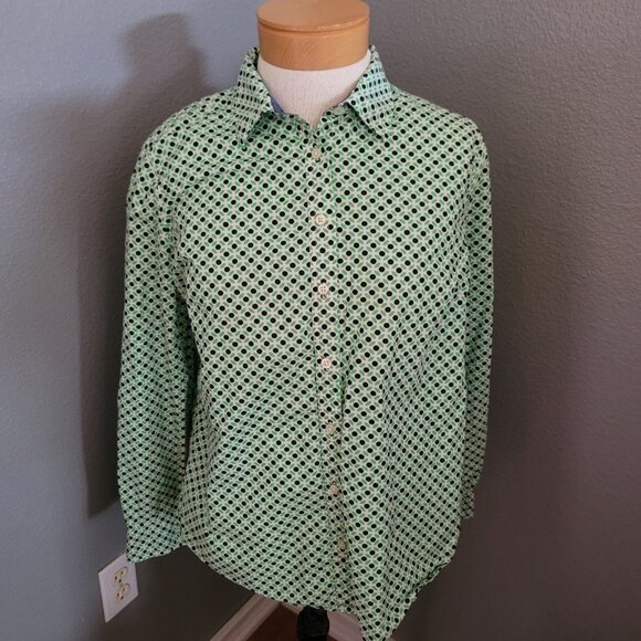 Talbots Tops - Talbots Blouse Women's Size 12P Green Black Dots Bracelet Sleeve Button Up